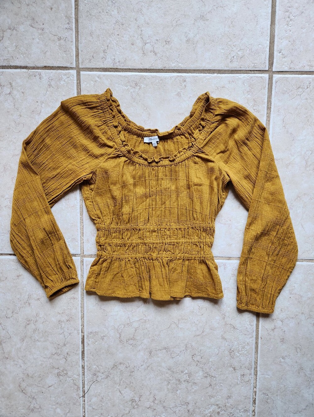 Madewell XXS Mustard Yellow Smocked Gauze Peplum Top